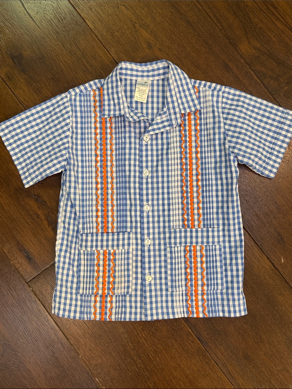 Six Honeybees - Boys Blue Gingham Guayabera Shirt w/Orange Embroidery- Size: 6Y
